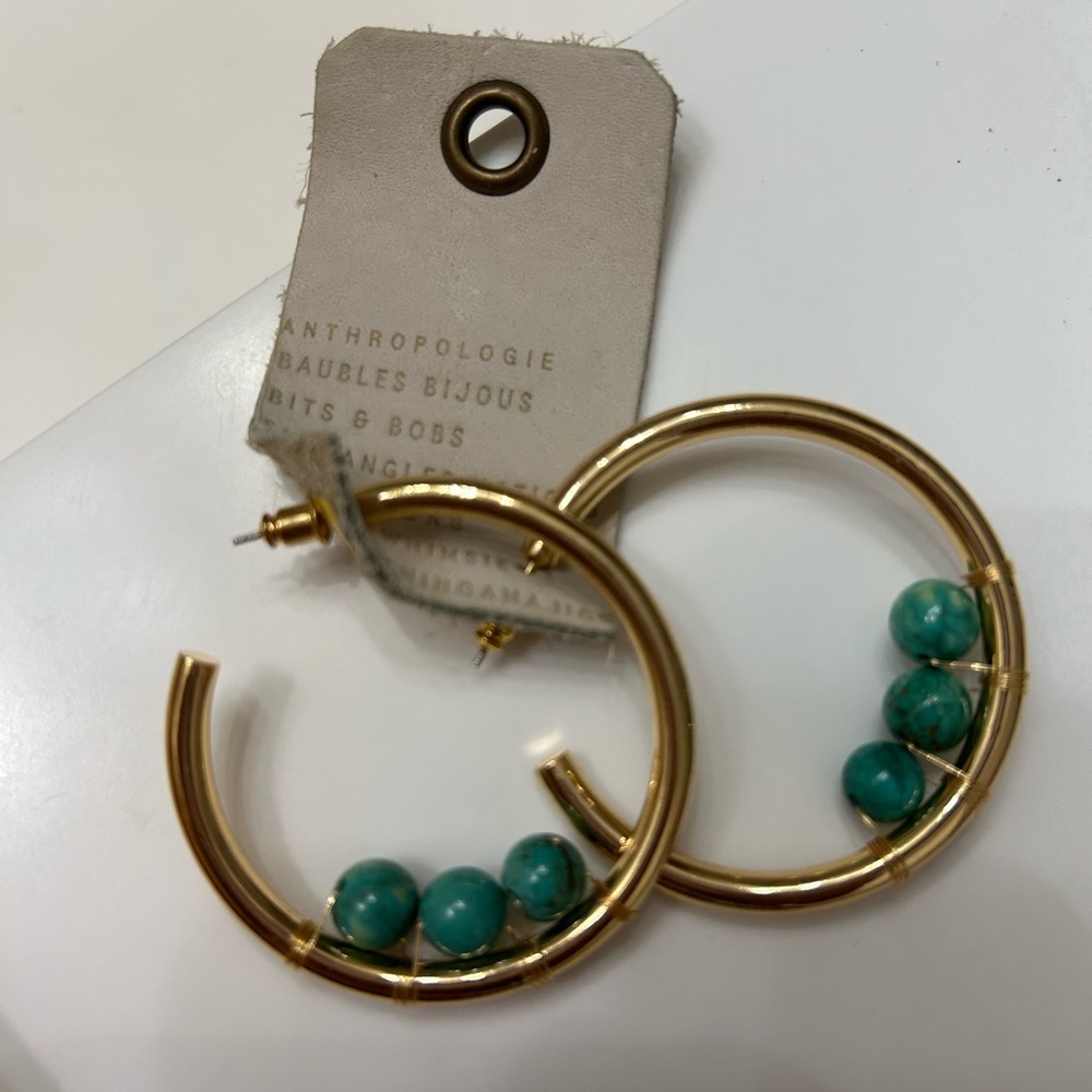 Anthropologie Gold Hoops with Turquoise Accents